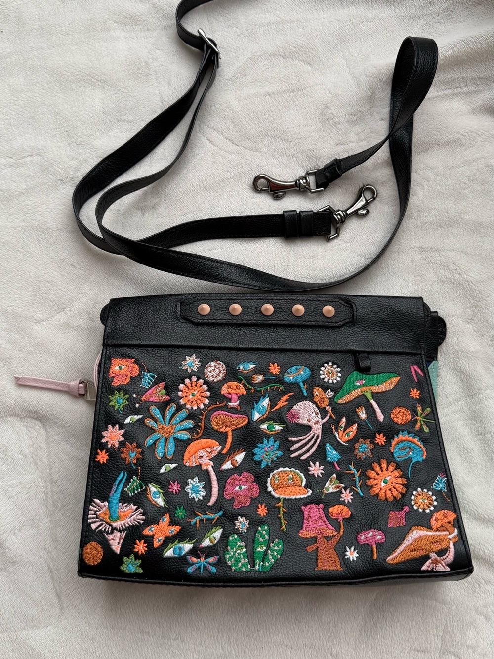 Min & Mon Black Crossbody with Colorful Embroidered Motifs